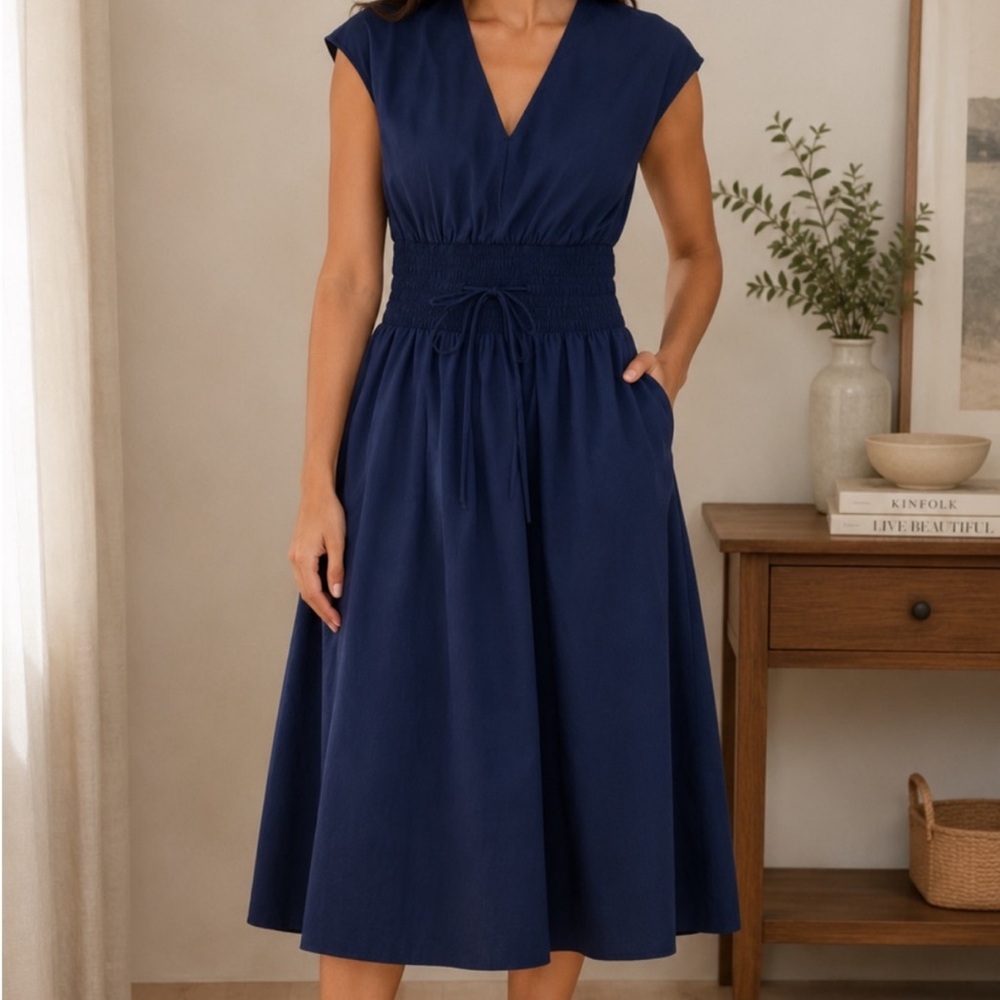 New Spanx Smock Waist V-Neck Cotton Midi Dress large